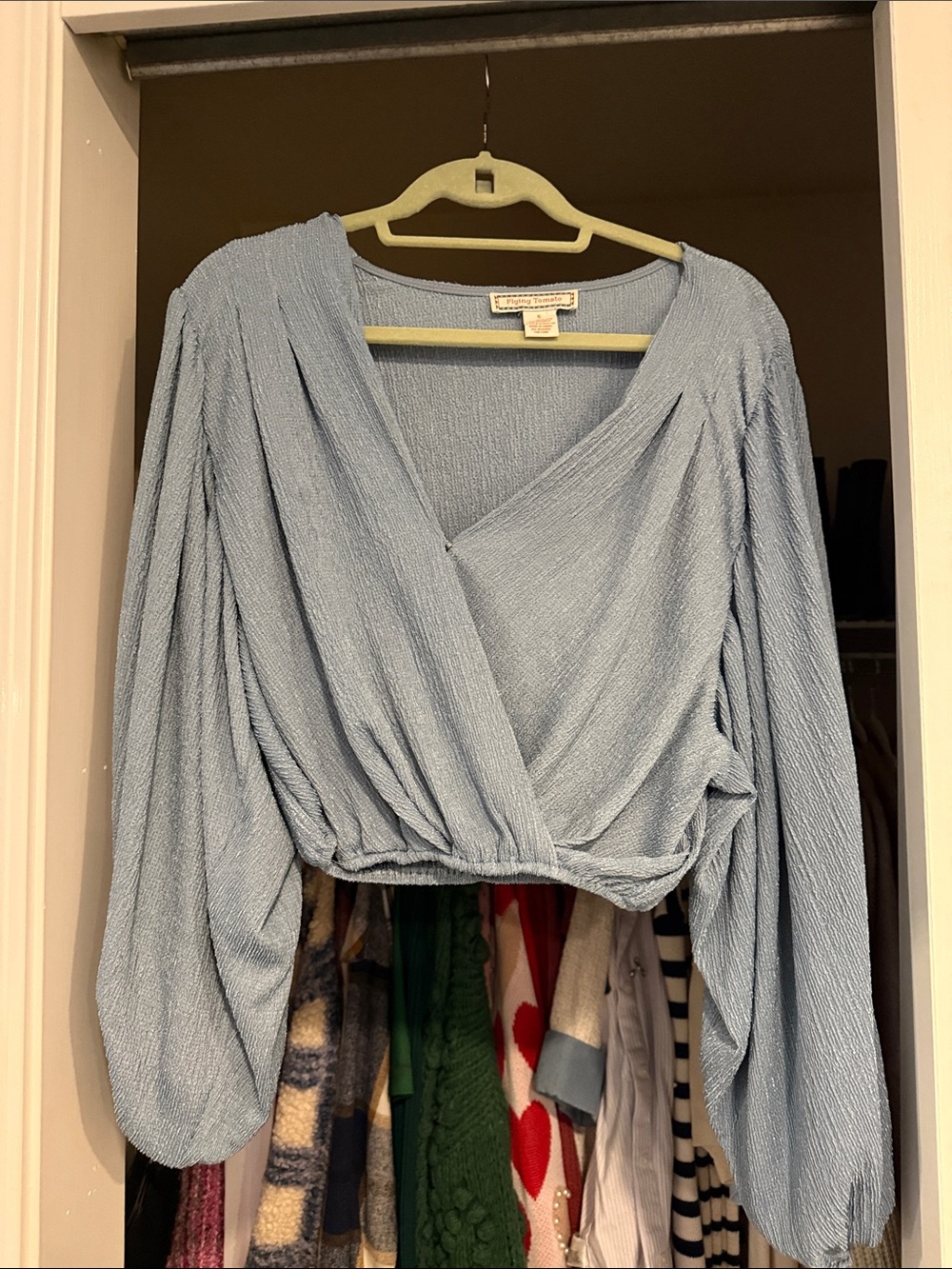 Flying Tomato Light Blue Textured Wrap Crop Blouse